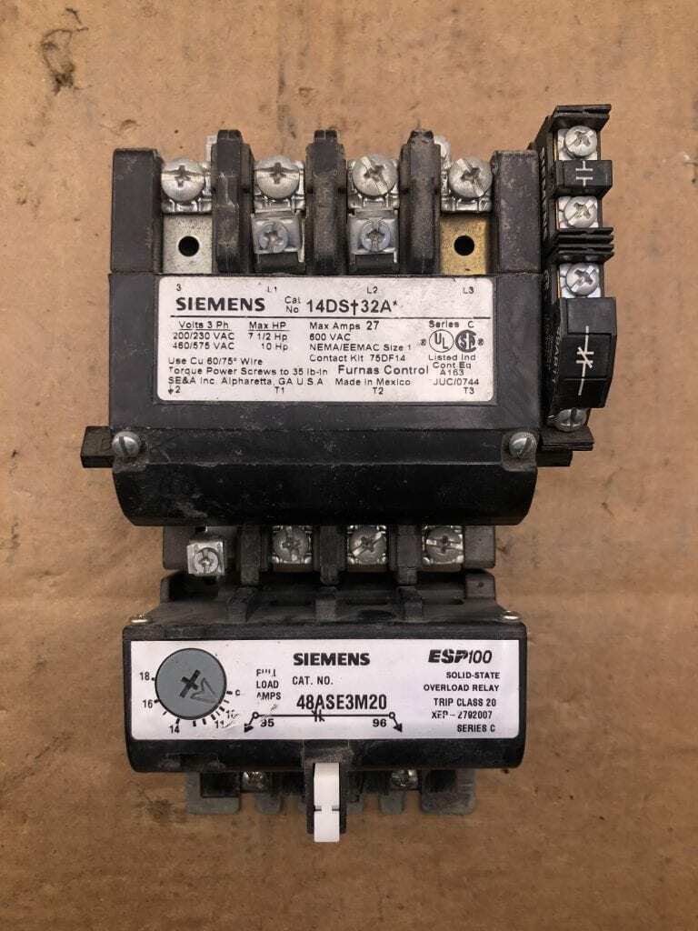 Siemens Furnas 14DS+32A Size 1 Magnetic Motor Starter 27A 7.5/10HP 600V w/ Relay
