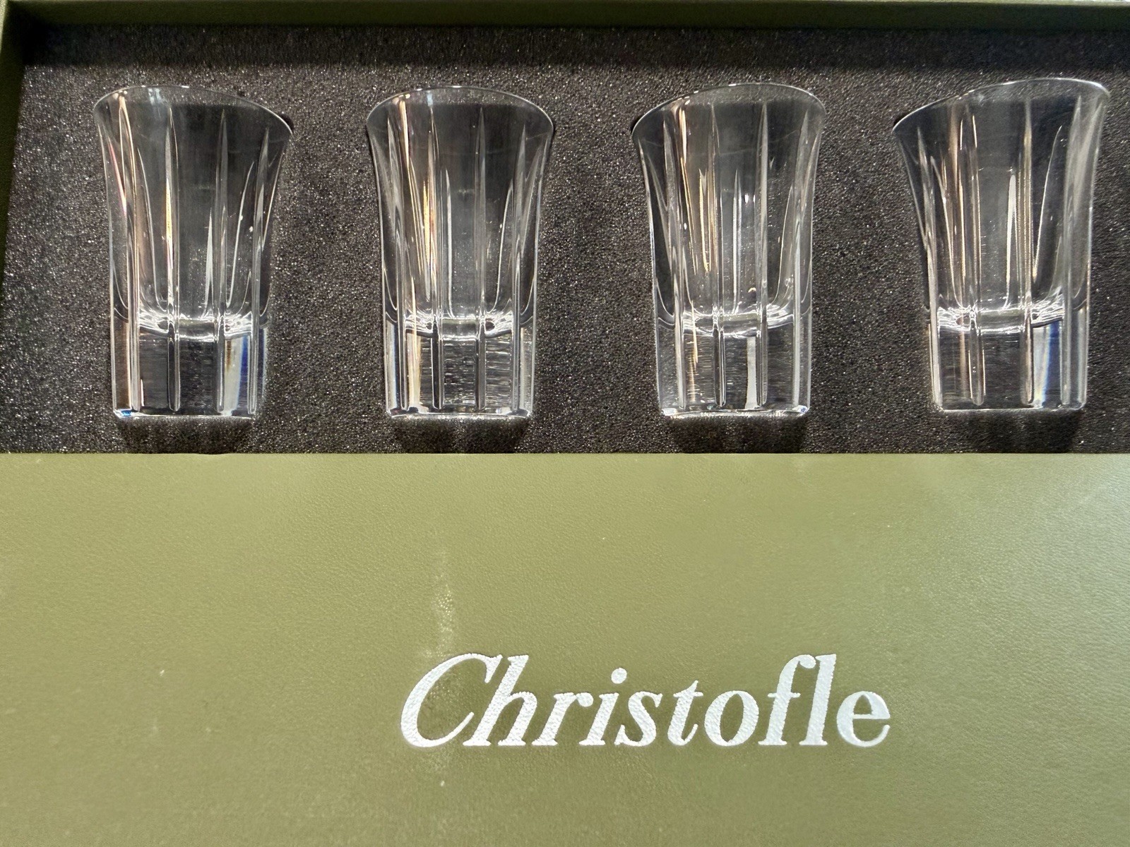 Christofle Iriana Cut Crystal Vodka Shot Glasses Set of 4 Unused France New Christofle Iriana Cut Crystal Vodka Shot Glasses Set of 4 Unused France New