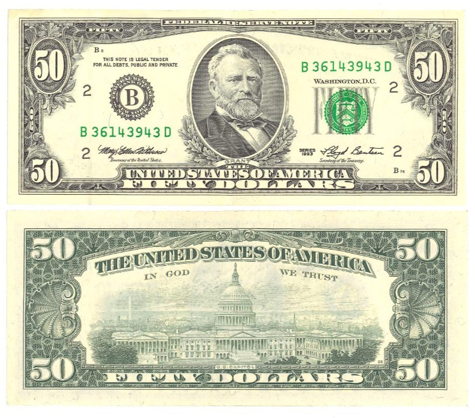 Small Portrait $50 Dollar Bill Banknote Old Design VINTAGE Federal Reserve Note