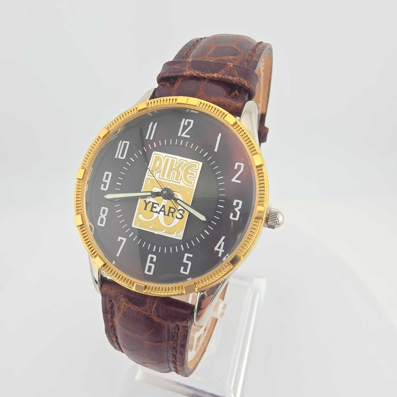 Vtg 1990s FOSSIL Mens Watch Pike Corp. 50th Anniversary Leather Gold Plate 7.75\ Vtg 1990s FOSSIL Mens Watch Pike Corp. 50th Anniversary Leather Gold Plate 7.75\