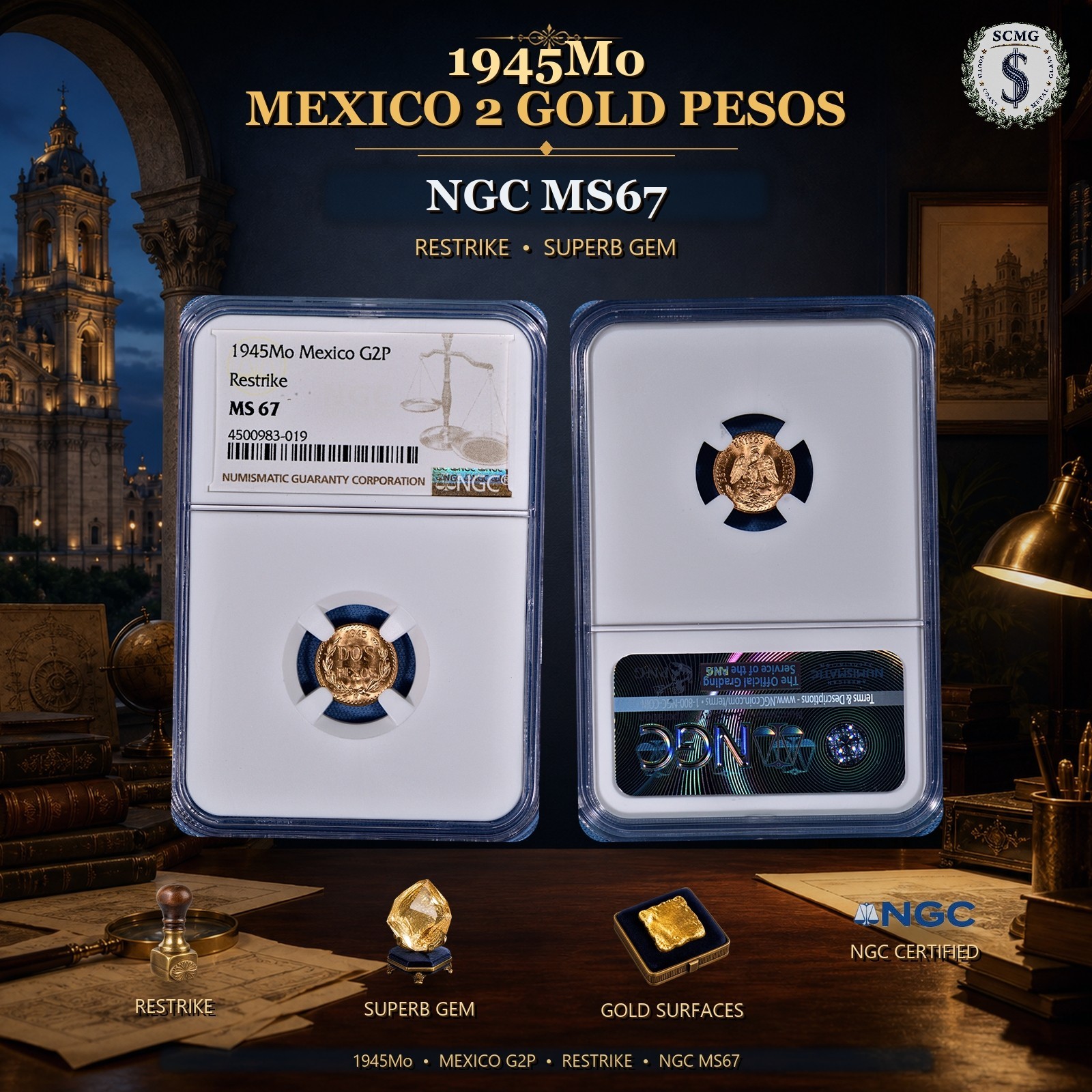 🌟 1945-Mo Mexico Gold 2 Peso Restrike Coin NGC MS 67 - Superb Gem Flashy 🌟
