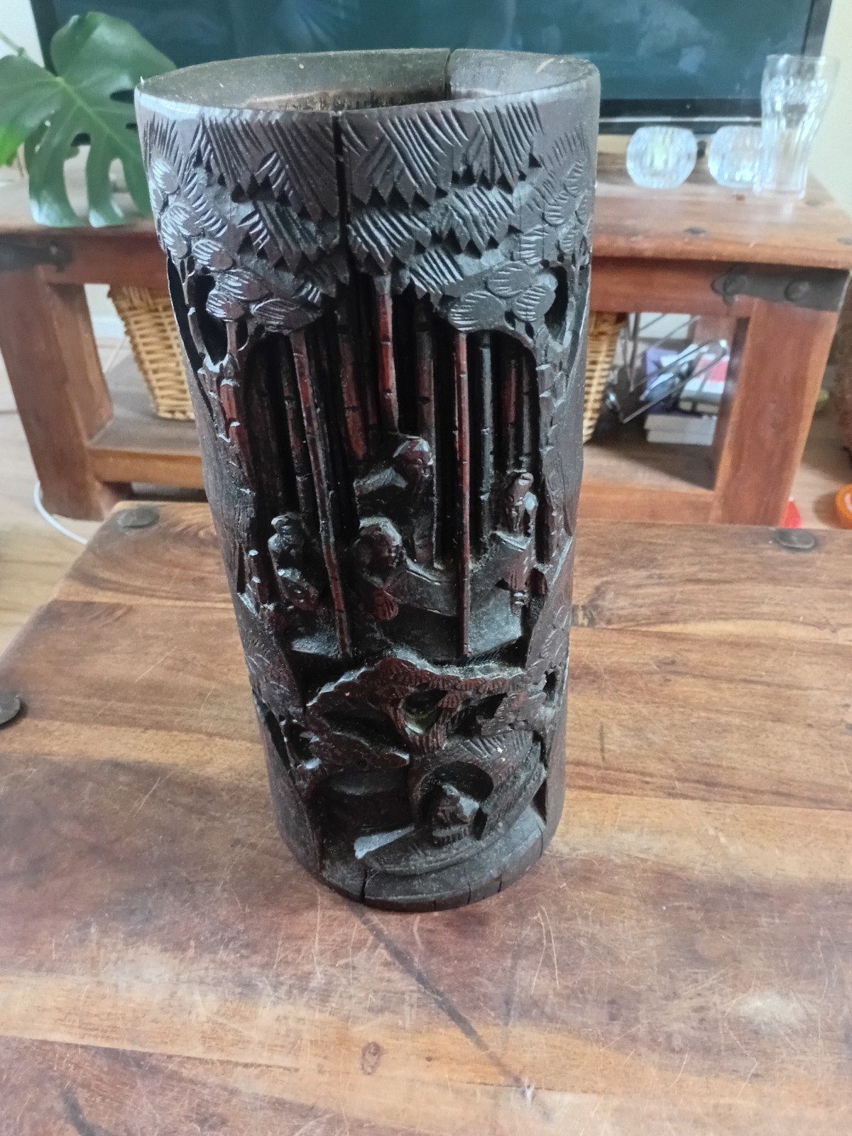 Vintage Hand Carved Bamboo Brush Pot Vase Scholars Landscape Pierced Carving VGC