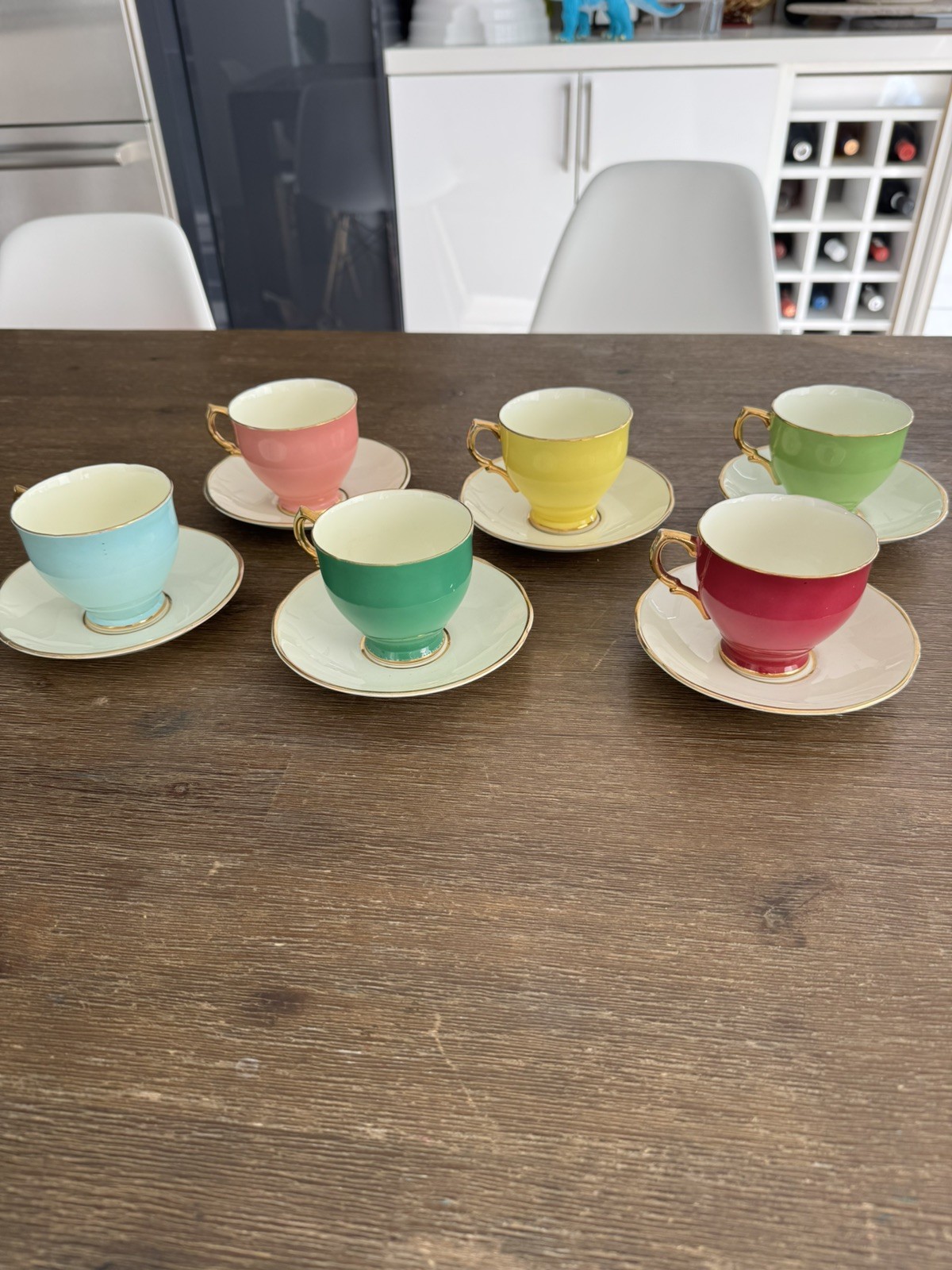 Vintage 50s Salisbury Bone China Teacup Set Of 6 Pastel Harlequin Pattern 3034