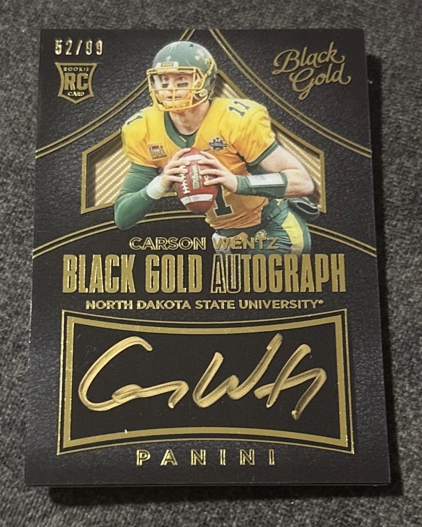 2016 Panini Black Gold Carson Wentz Rookie Gold Auto 52/99 NDSU Vikings 2016 Panini Black Gold Carson Wentz Rookie Gold Auto 52/99 NDSU Vikings
