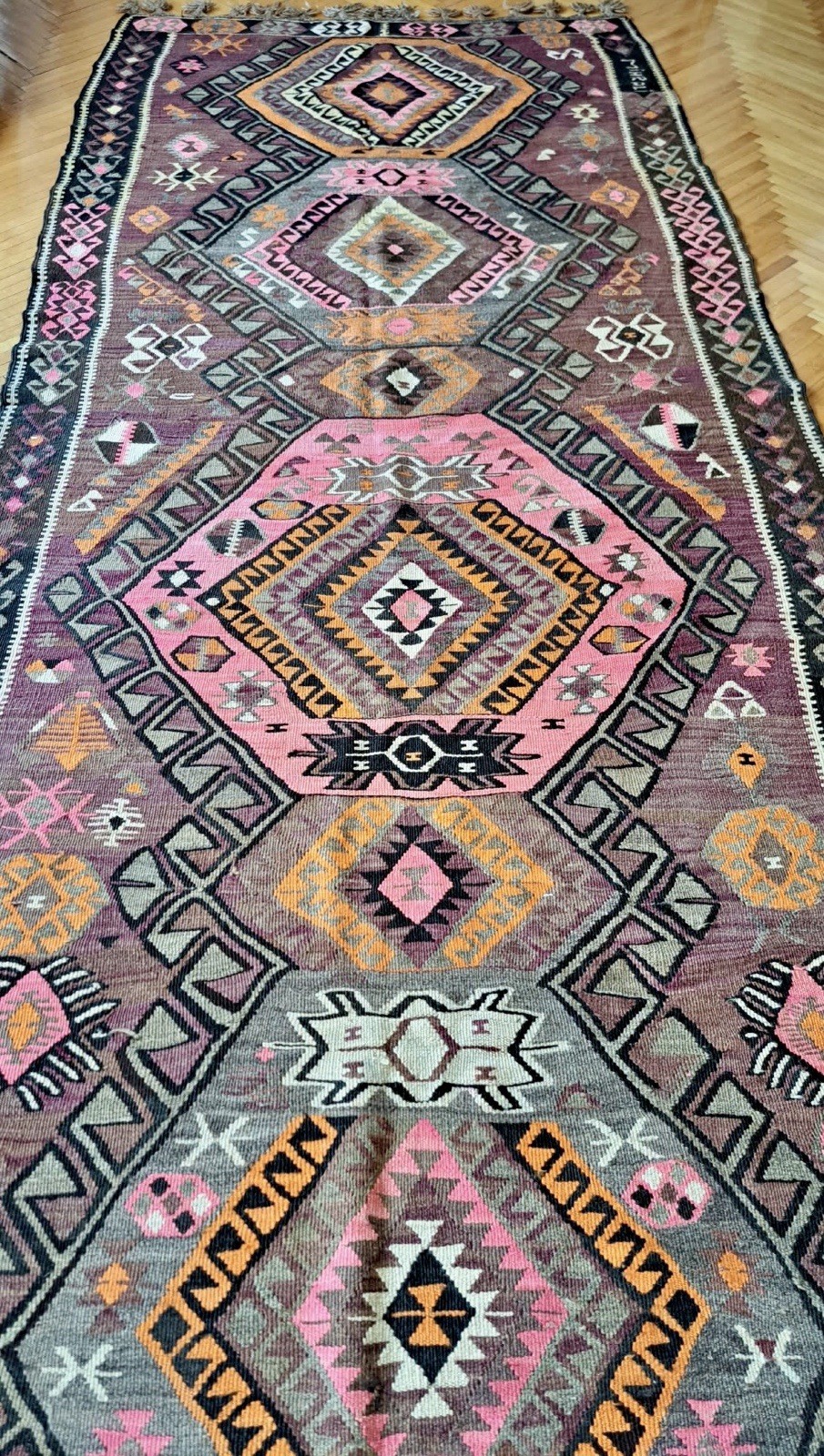Gorgeous Vintage Handmade Wool Runner Kars Kilim Rug (455 cm x 141 cm)
