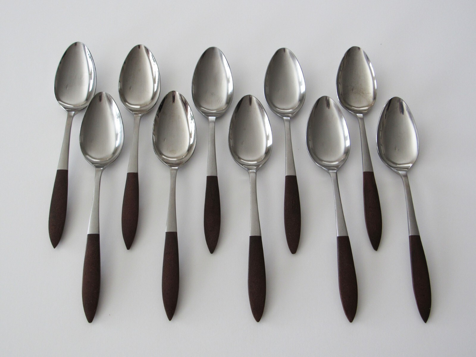 EPIC / EKCO Danish Modern Set/10 OVAL SOUP SPOONS Faux Rosewood Handles EPIC / EKCO Danish Modern Set/10 OVAL SOUP SPOONS Faux Rosewood Handles