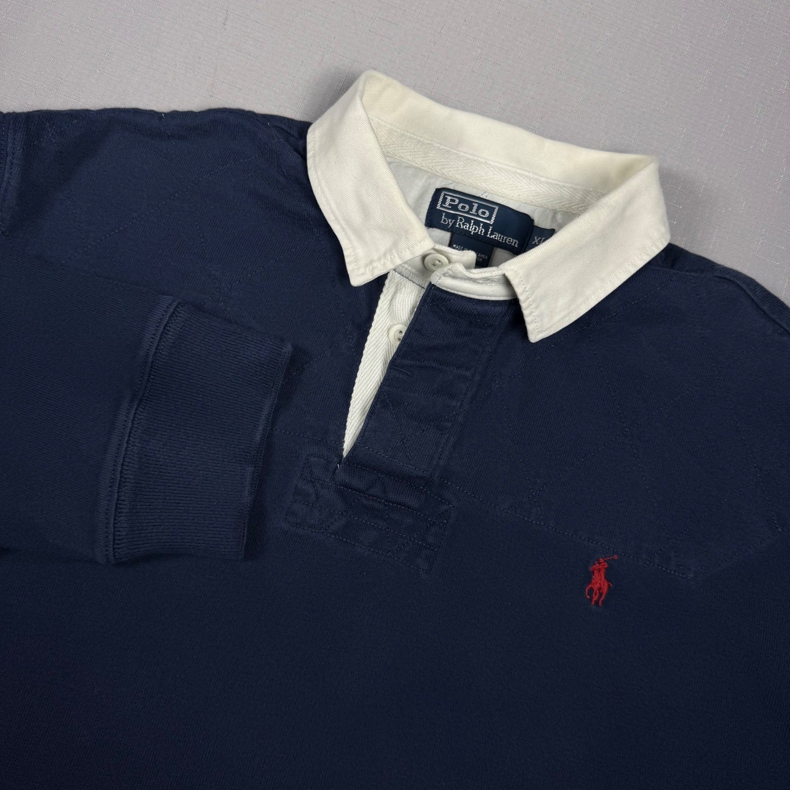 VTG Polo Ralph Lauren Mens XL Navy Blue Quilted Shoulder Long Sleeve Rugby Shirt VTG Polo Ralph Lauren Mens XL Navy Blue Quilted Shoulder Long Sleeve Rugby Shirt
