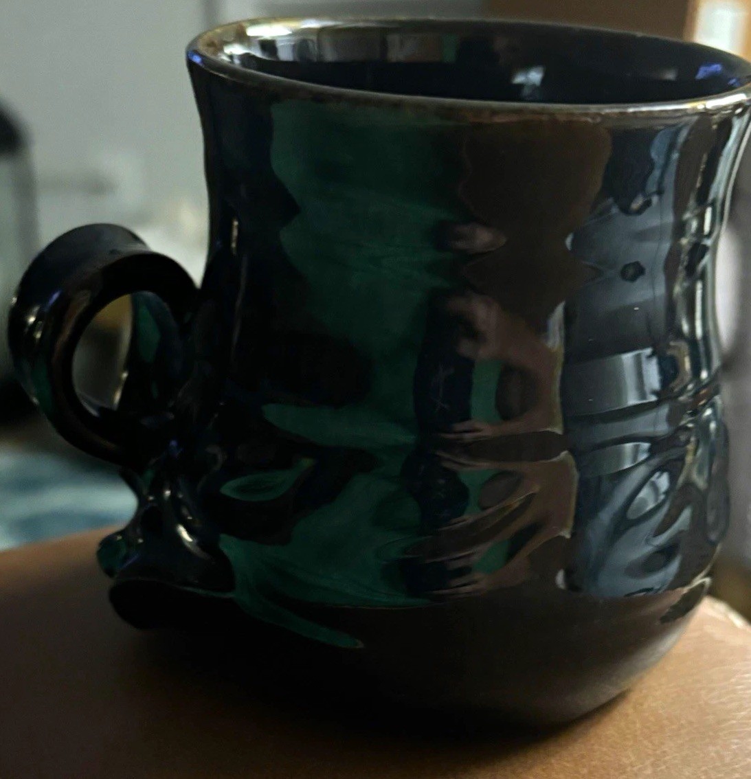 Signed Studio Art Pottery Mug Black Green Glaze Sculptural Handle Handmade 4”