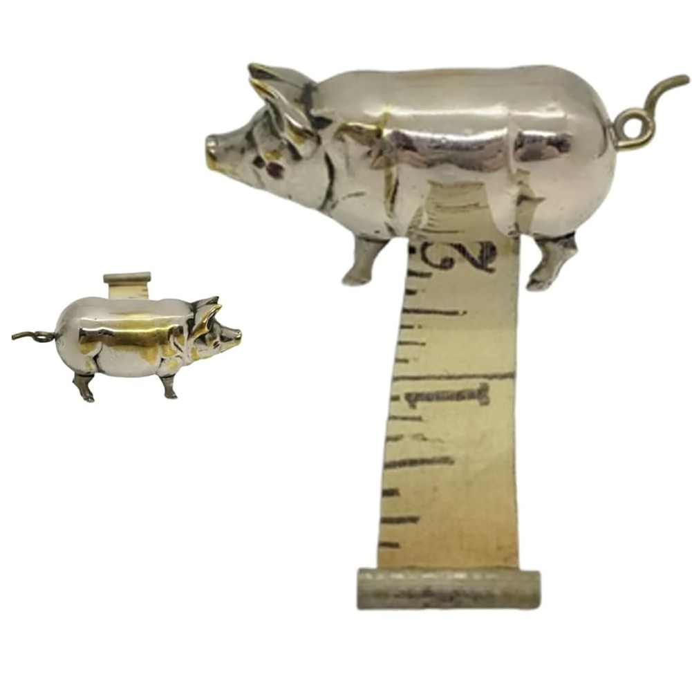 Antique-Inspired Pig  Tape Measure, Vintage Brass Metal Retractable Pig7566