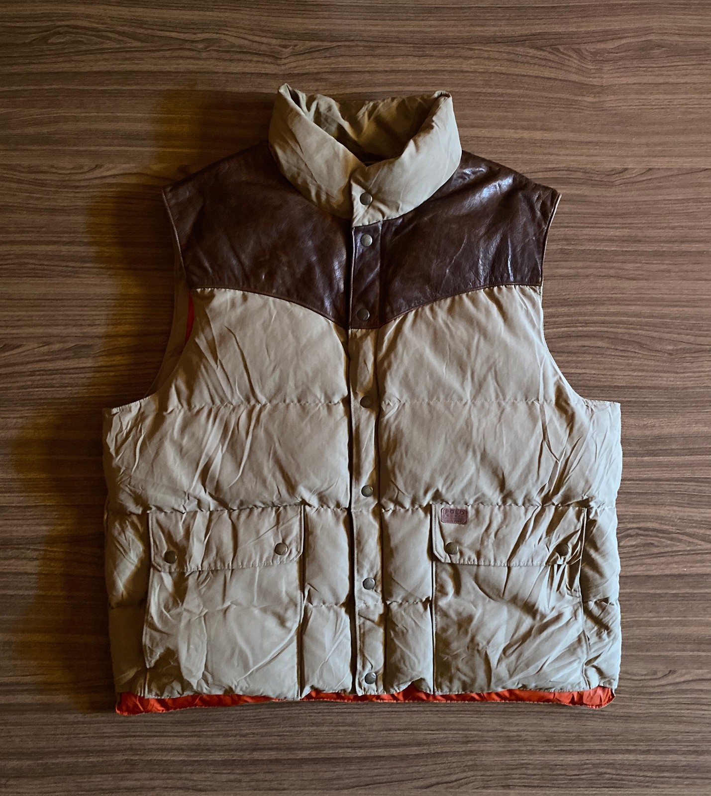 Vintage Polo Ralph Lauren Western Down Puffer West Leather Yoke Tan Orange 