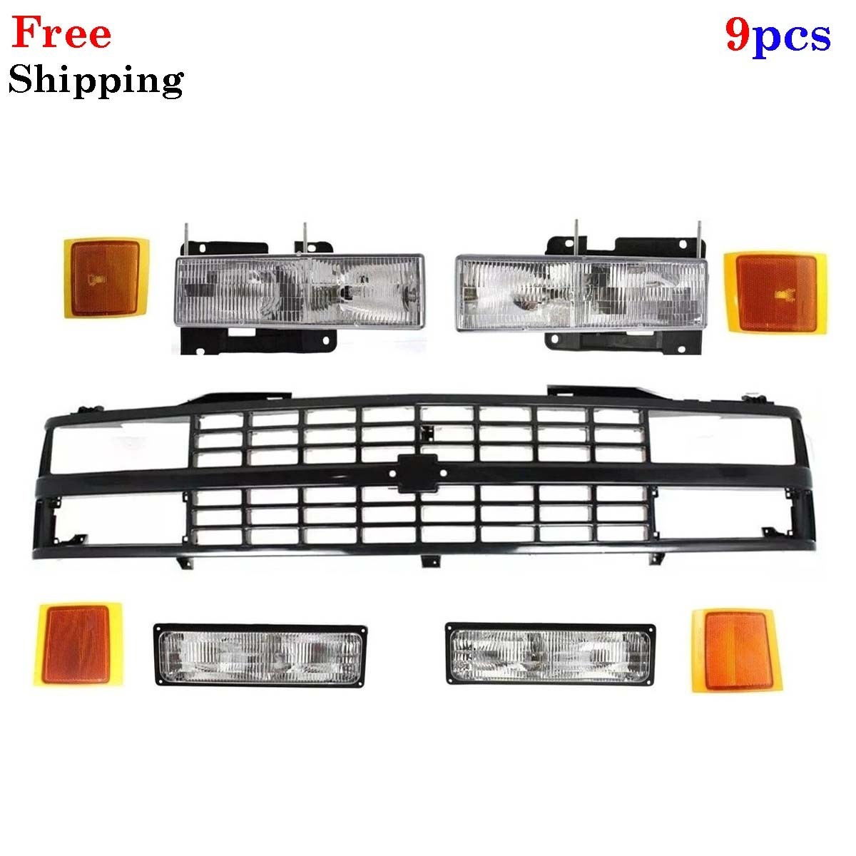 For 1988-1993 Chevrolet C/K Series Pickup Front Grille + Headlight Kit Set of 9