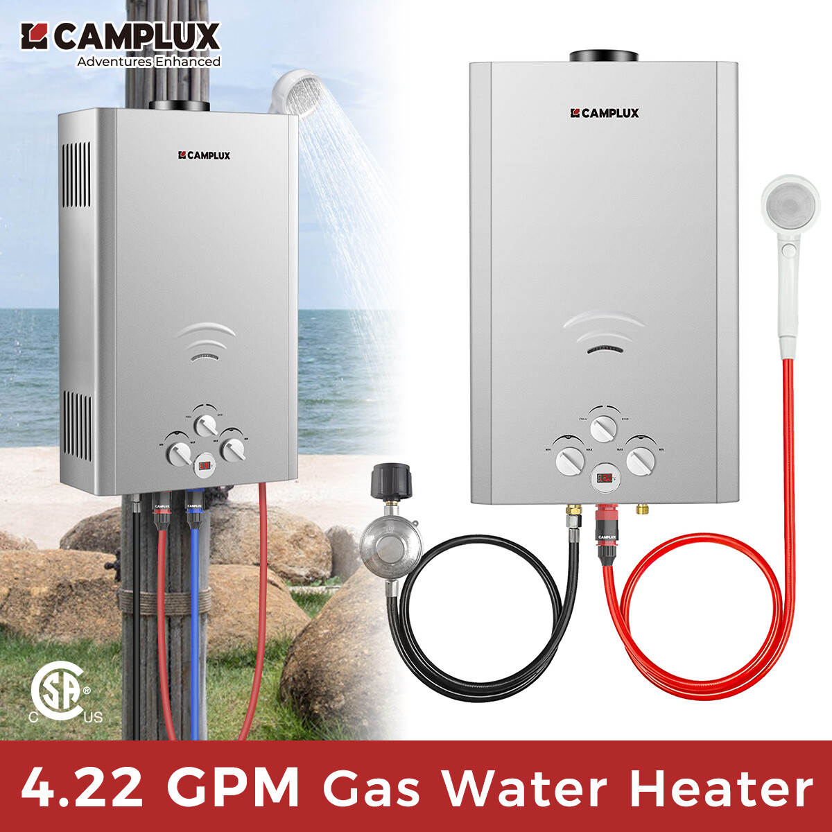 CAMPLUX 16L Tankless Gas Water Heater Instant Hot Outdoor Shower Camper Cabin RV
