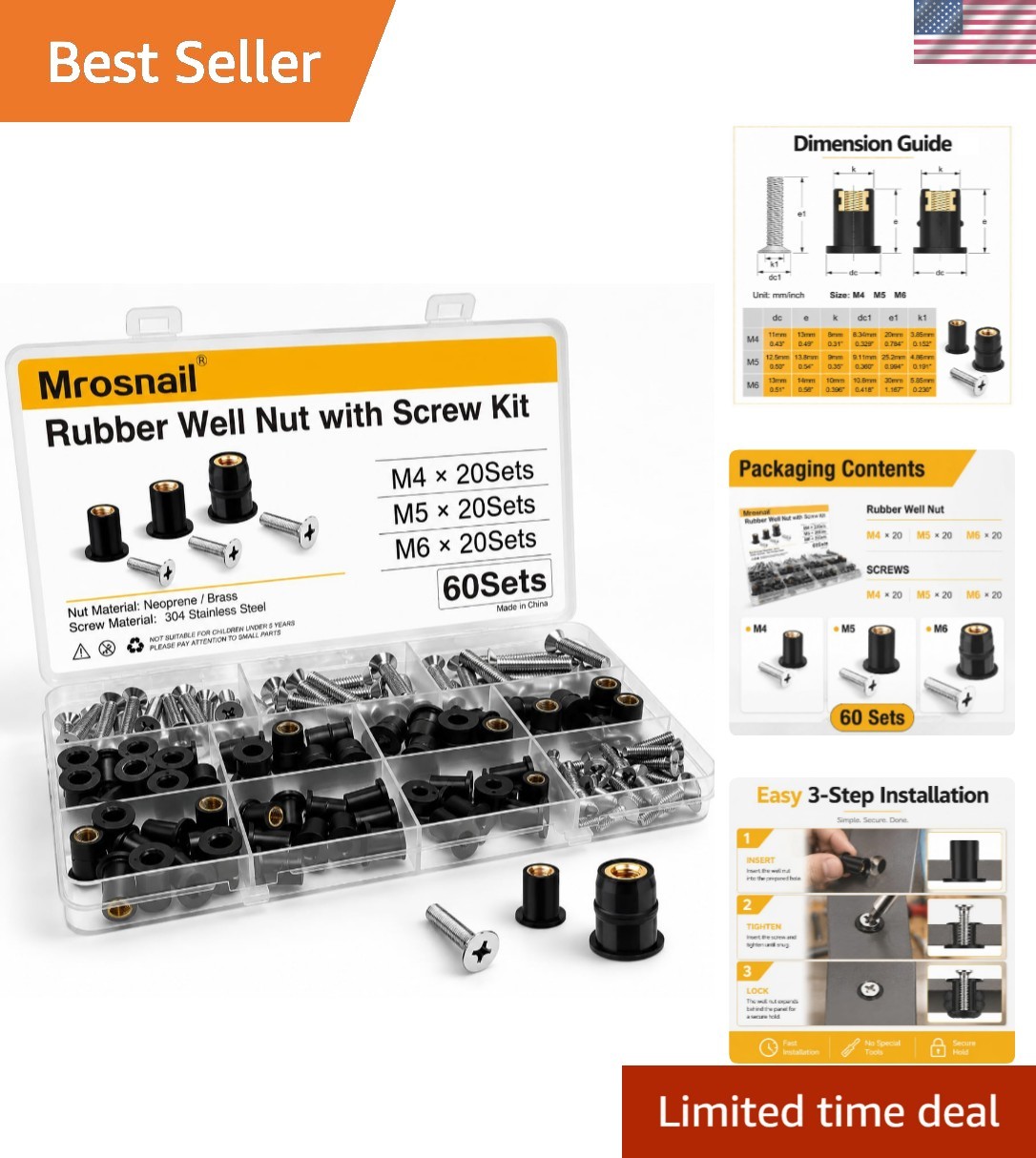 60PCS Neoprene Well Nuts Kit with Stainless Steel Screws, M4 M5 M6 60PCS Neoprene Well Nuts Kit with Stainless Steel Screws, M4 M5 M6