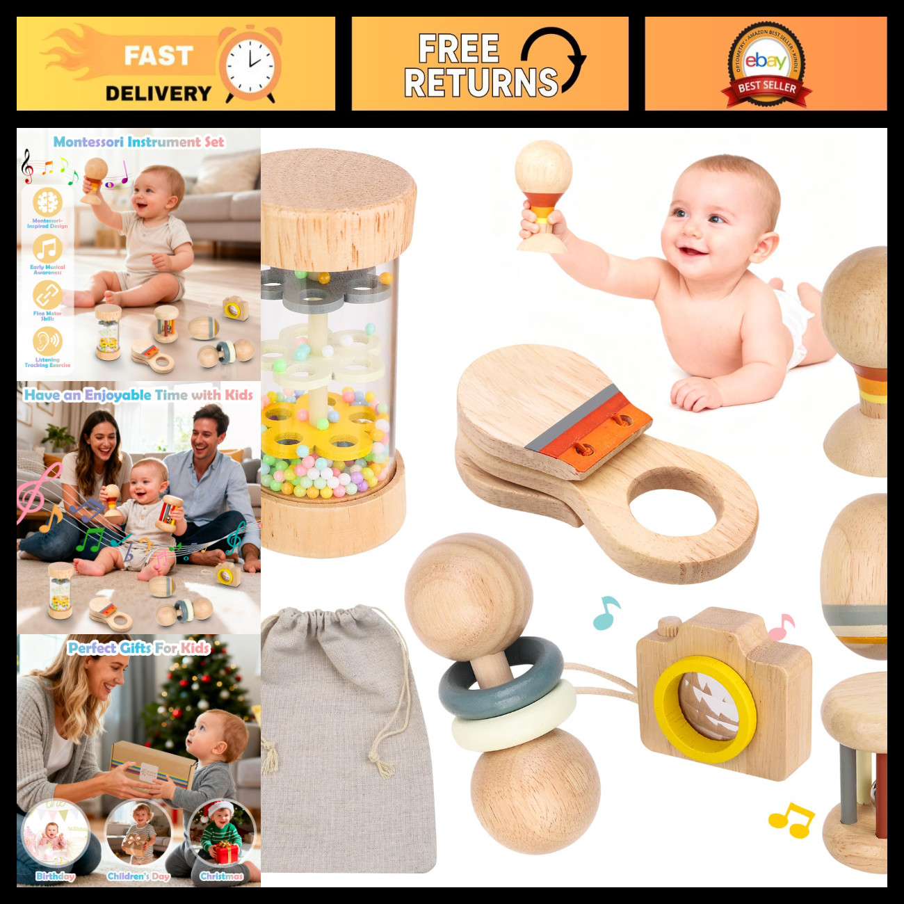 Montessori Wooden Baby Toys Set, 7-Piece Sensory Rattles & Music for Infants 0-1