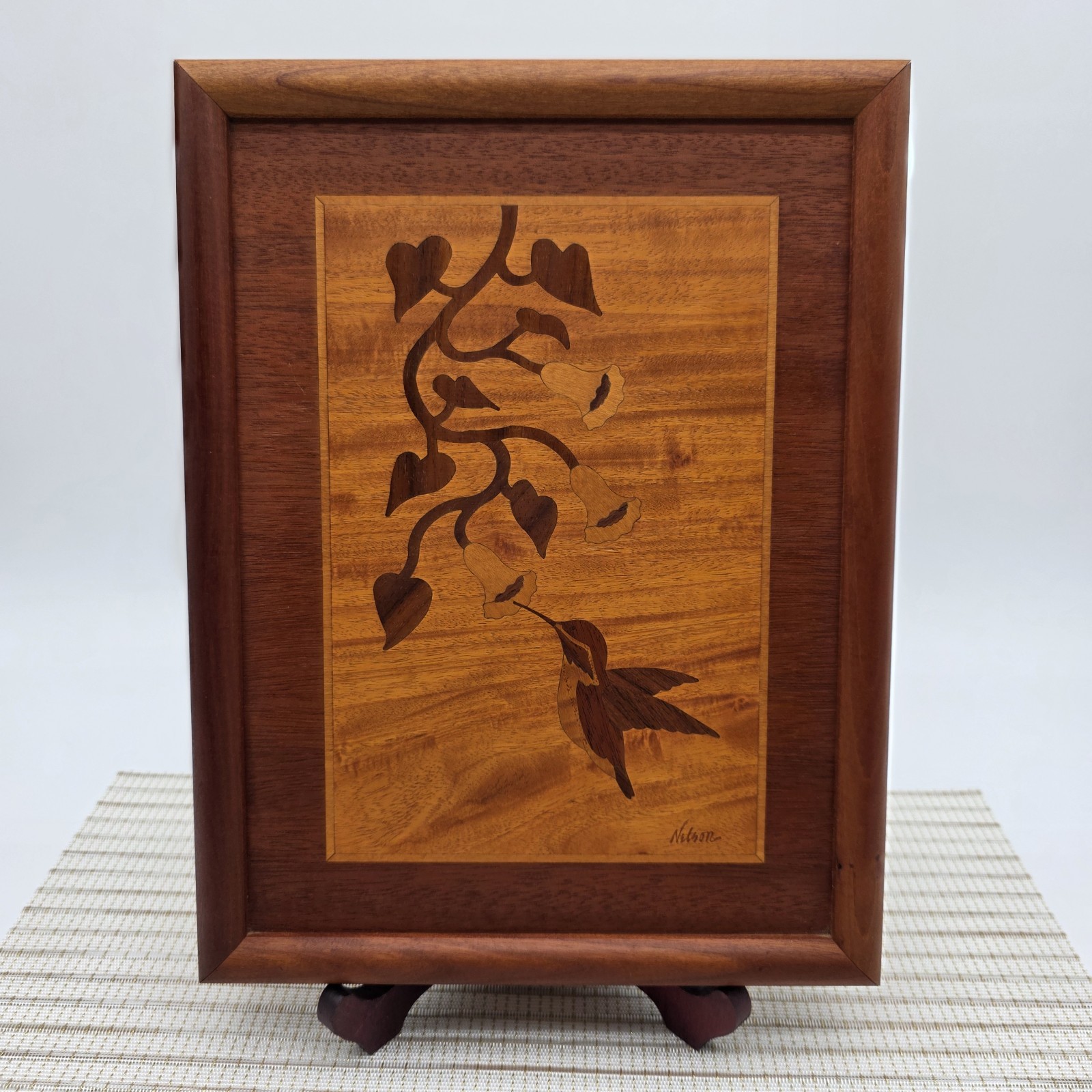 Vintage Wood Marquetry Hummingbird Art By Jeff Nelson - Hudson River Inlay Vintage Wood Marquetry Hummingbird Art By Jeff Nelson - Hudson River Inlay