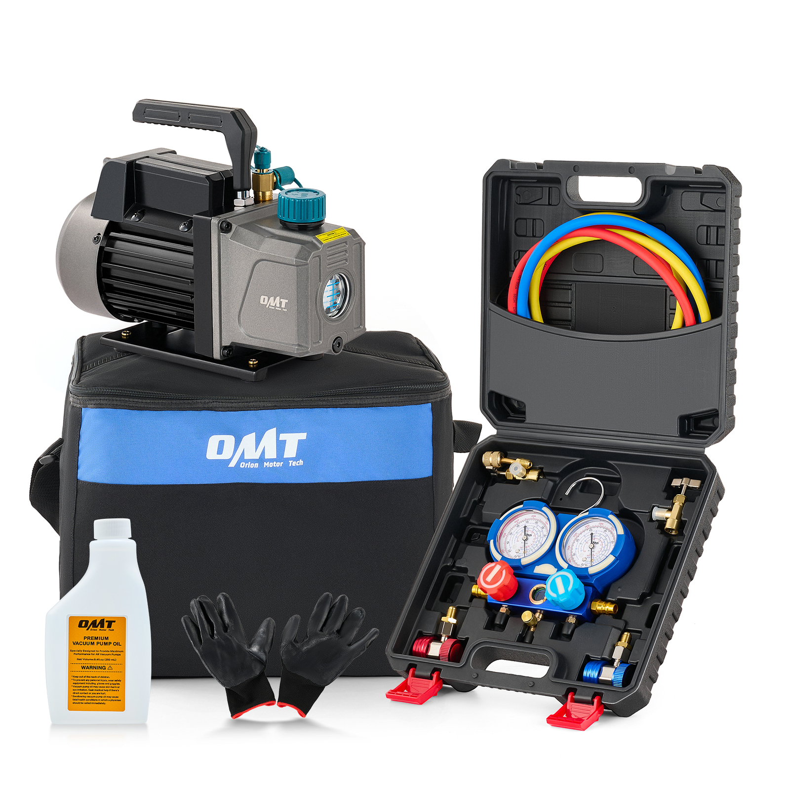 OMT Combo 3,5CFM 1/4hp HVAC Vacuum Pump Kit & AC Manifold Gauge Set w Case & Bag OMT Combo 3,5CFM 1/4hp HVAC Vacuum Pump Kit & AC Manifold Gauge Set w Case & Bag