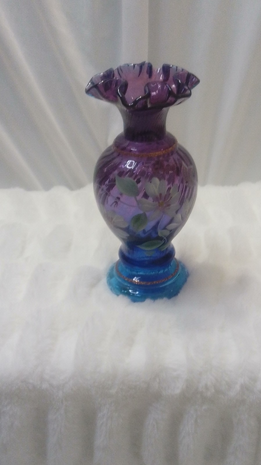 Fenton Mulberry Hand Painted Floral Art Glass Vase Signed 1996 1946-1996 Fenton Mulberry Hand Painted Floral Art Glass Vase Signed 1996 1946-1996