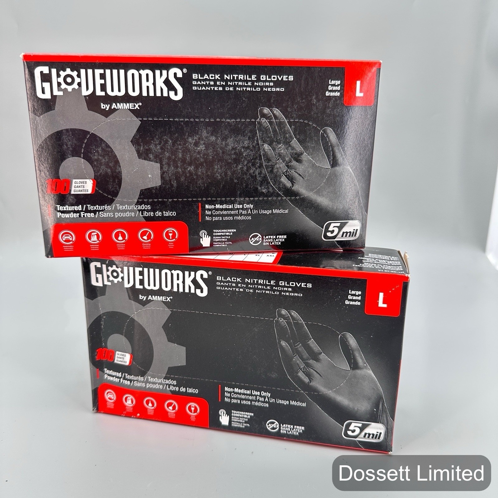 2- Gloveworks by AMMEX Black Nitrile Gloves Large 5 mil Powder & Latex Free 100