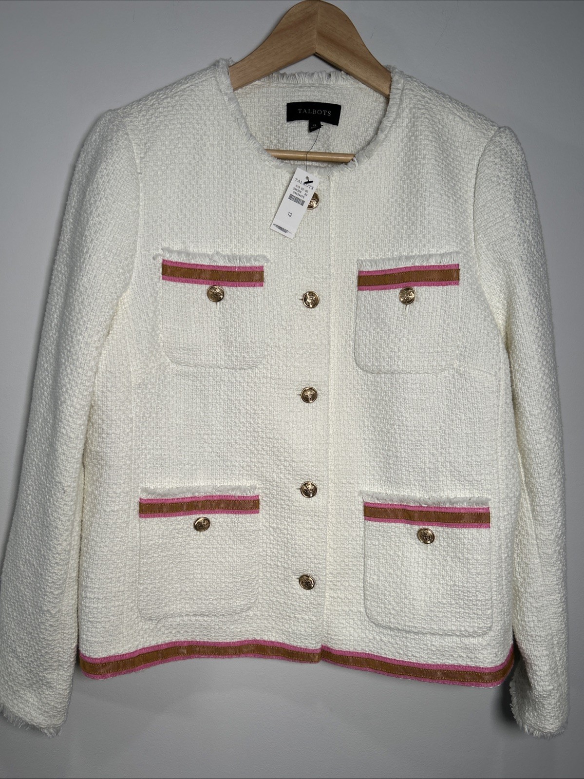 Talbots Tweed Grosgrain Jacket Sz 12 Cream Pink Brown Trim Gold Buttons Career