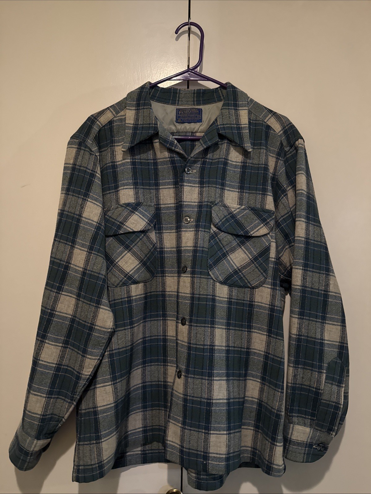 Vintage Pendleton Wool Shirt Mens L Blue Green Plaid 100% Virgin Wool USA