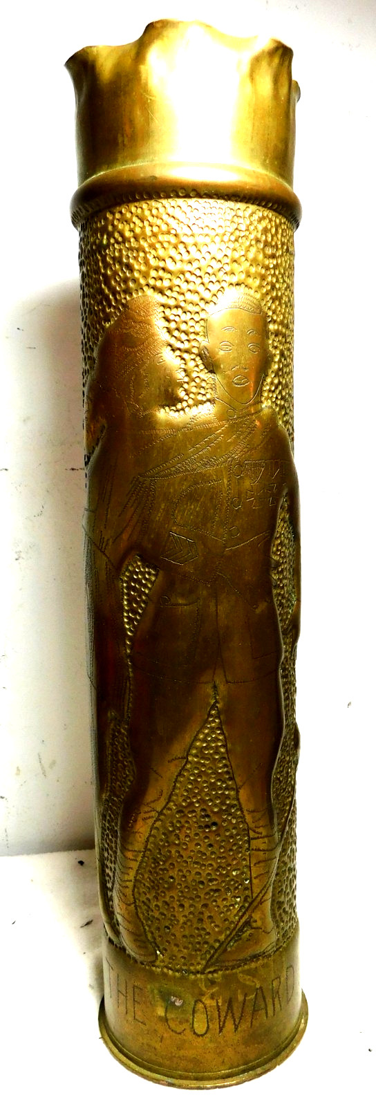 Rare WW1 Trench Art 75mm Shell/ Repousse Full Figure Soldier w Medals/The Coward Rare WW1 Trench Art 75mm Shell/ Repousse Full Figure Soldier w Medals/The Coward