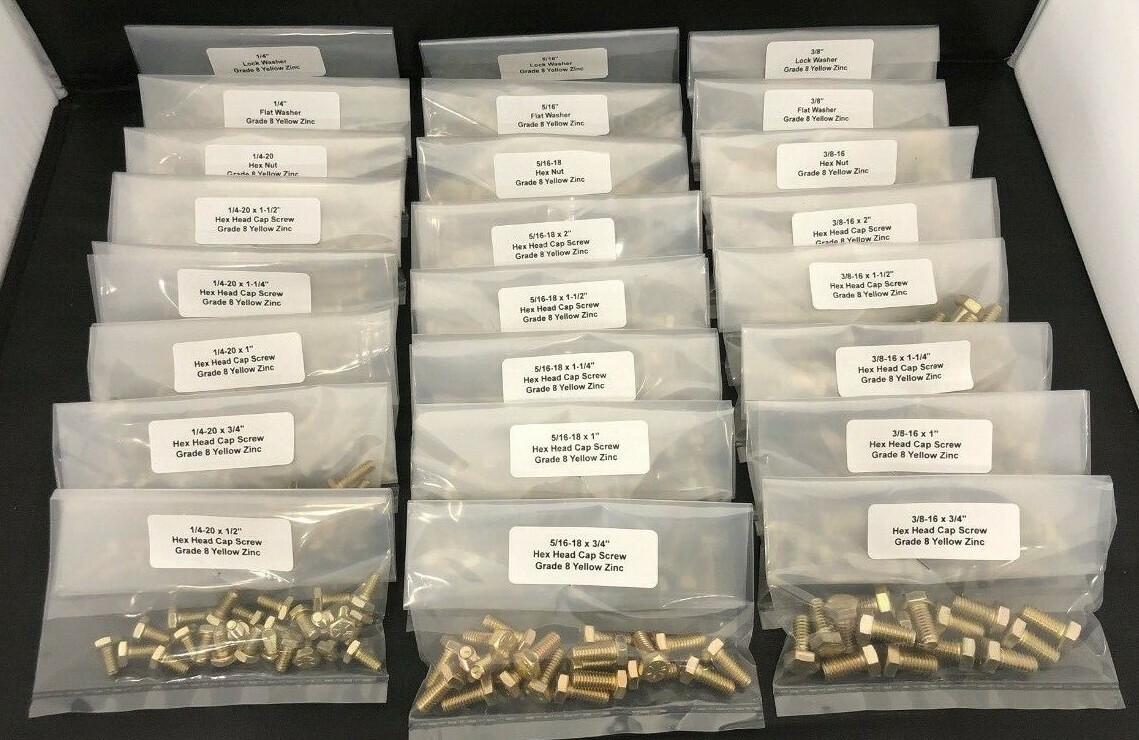 980pcs ASSORTMENT- GRADE 8 BOLT, NUT, WASHER, & LOCK WASHER 1/4” 5/16” 3/8”