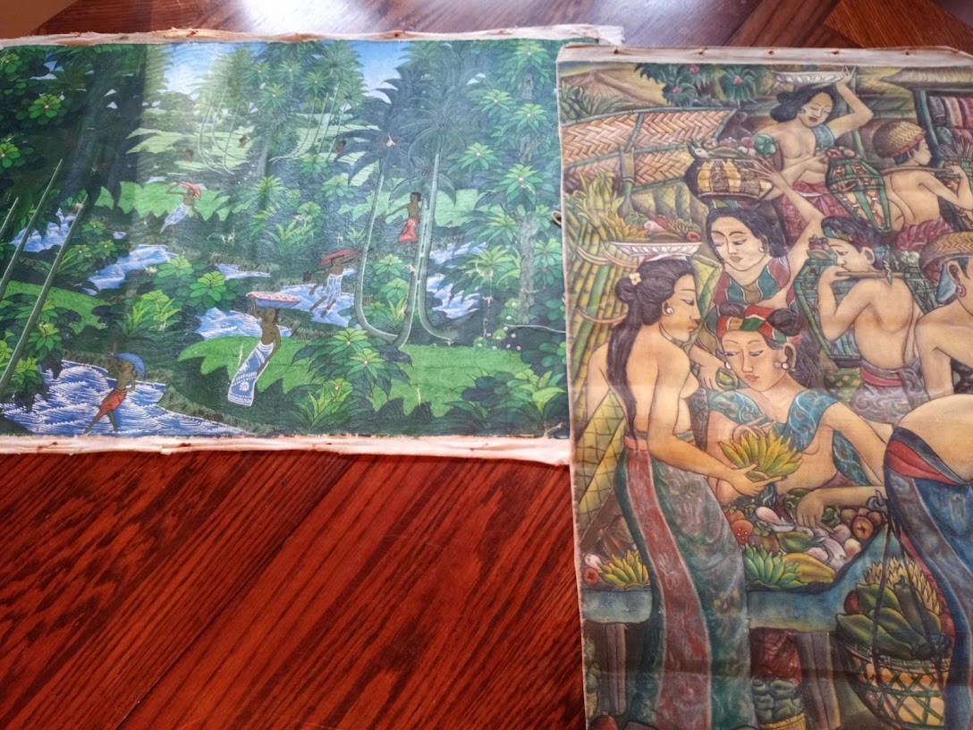 TWO vintage Balinese Bali painting on textile 23\ TWO vintage Balinese Bali painting on textile 23\