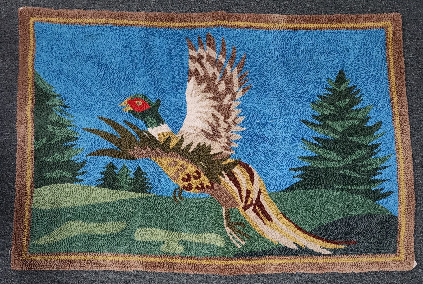 Vintage Hand Hooked Wool Rug Pheasant Cabin Lodge Primitive Folk Art 47\