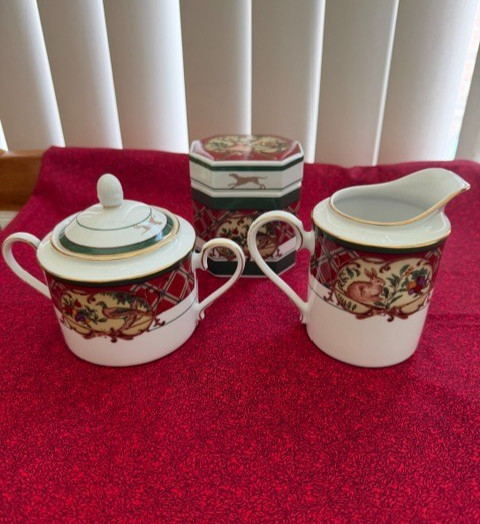 Retired Noritake ROYAL HUNT  Covered Sugar Bowl and Creamer + Teabag Caddy MINT