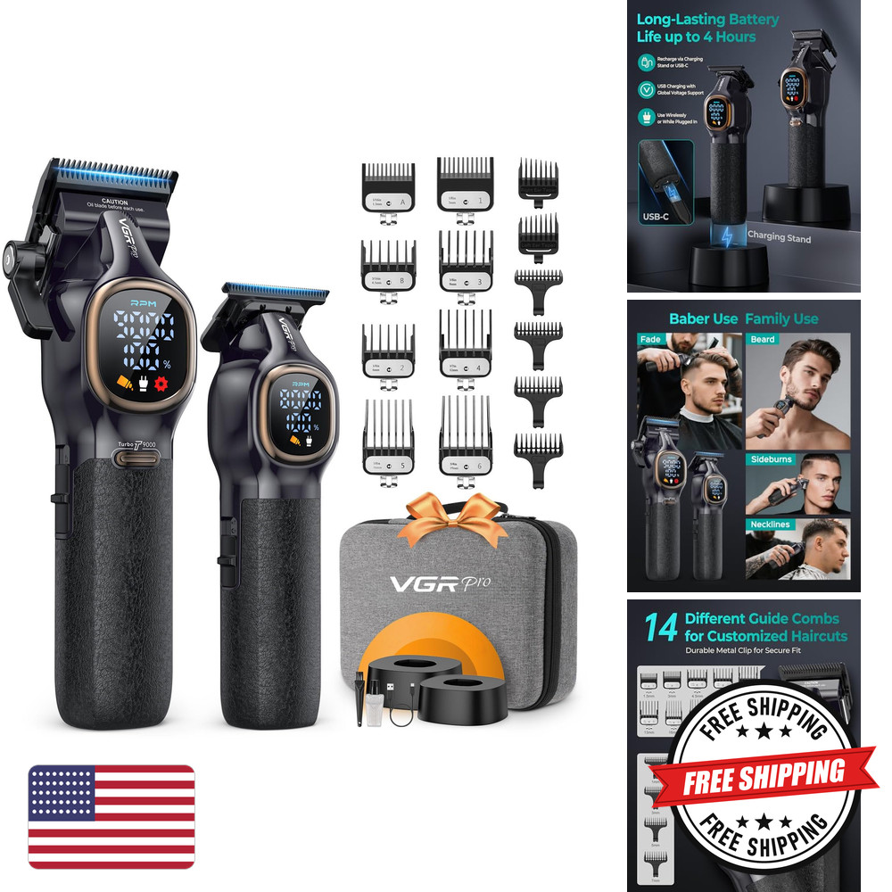 Hair Clippers VGRPRO Cordless Trimmer Stainless Steel Black LED Battery Operated