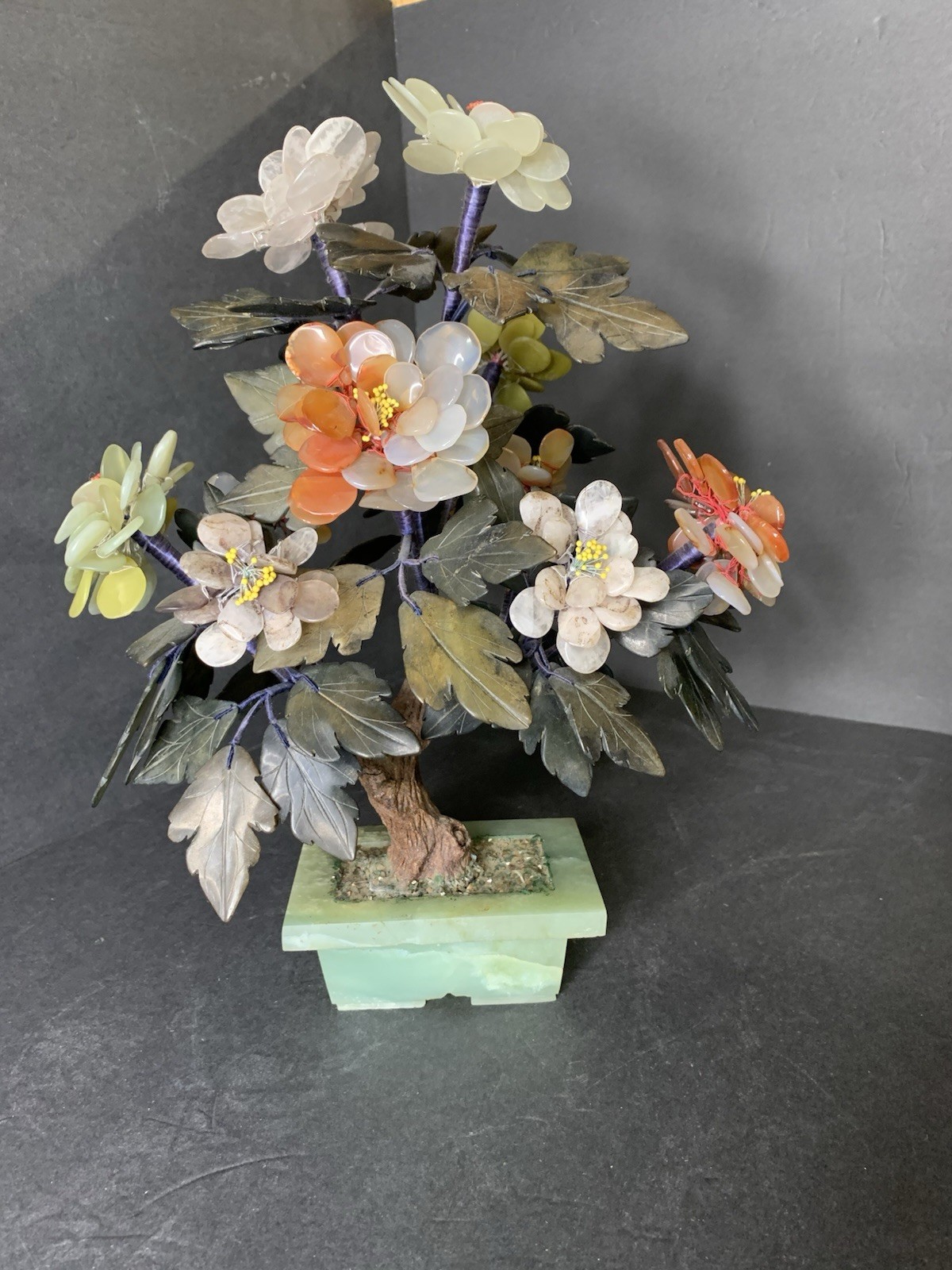 Vtg Chinese Hade Jadeite Bonsai Tree Hardstone Plant Rose Quartz Decor 14” Tall