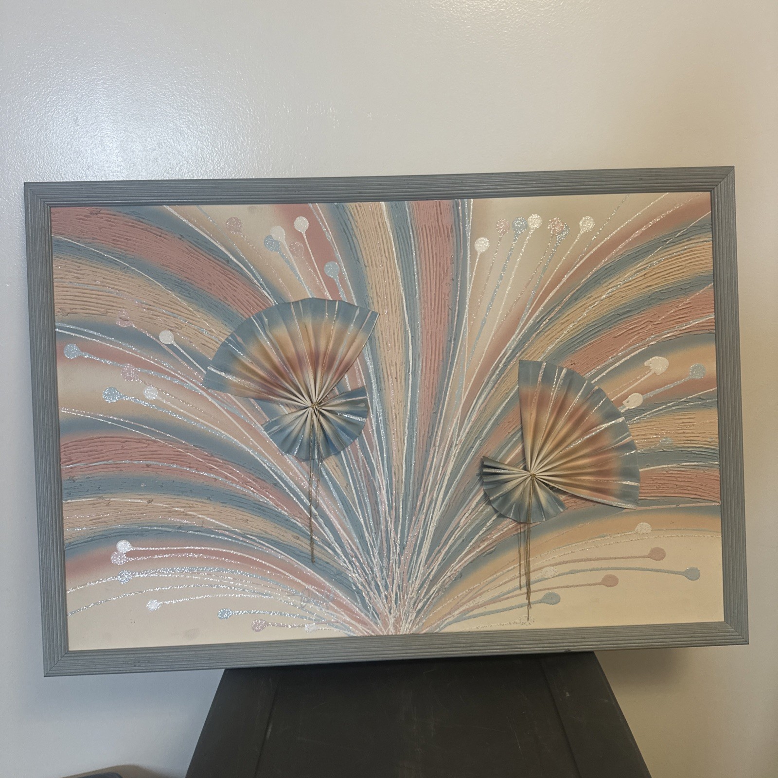 Vintage 1980s Airbrush Fan Wall Art Pastel Deco Post Modern Mixed Media (Quinn ) Vintage 1980s Airbrush Fan Wall Art Pastel Deco Post Modern Mixed Media (Quinn )