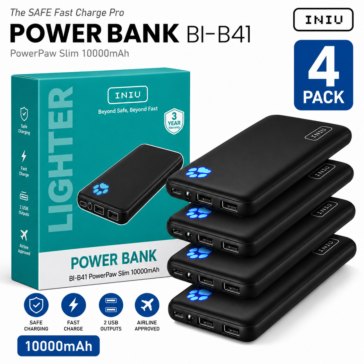 x4 pack INIU Slim Power Bank 10000mAh USB-C Fast Charger with flash light x4 pack INIU Slim Power Bank 10000mAh USB-C Fast Charger with flash light