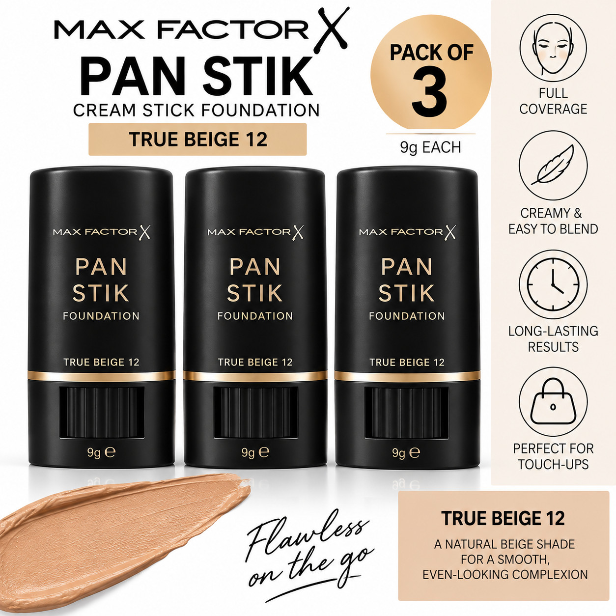 3-Pack Max Factor Pan Stik Cream Stick Foundation True Beige 12 9g Each 3-Pack Max Factor Pan Stik Cream Stick Foundation True Beige 12 9g Each