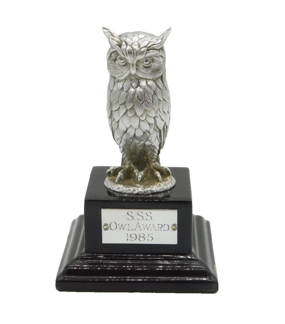 Cast Sterling Silver Owl on Plinth Base \'Owl Award, 1985\' Vintage London 1981