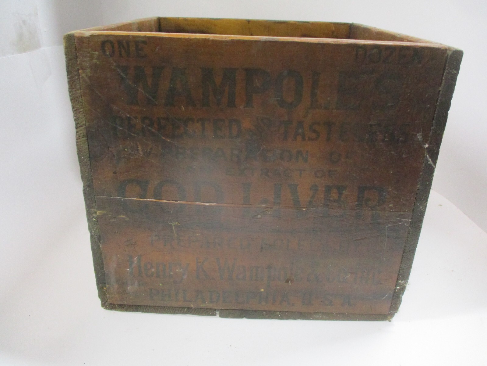WAMPOLE’S COD LIVER OIL VINTAGE WOOD PACKING CASE, PHILADELPHIA, PA.