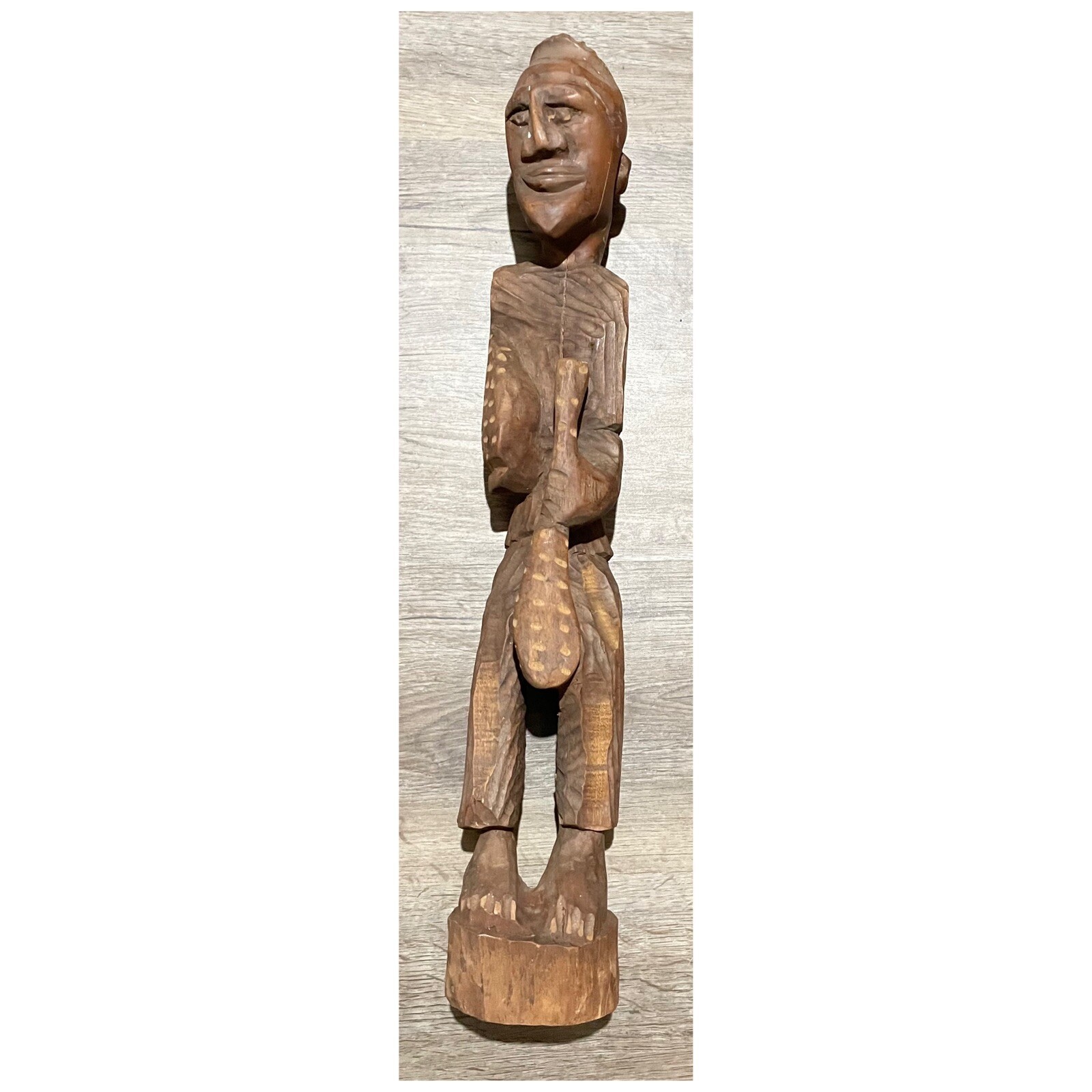 Antique PRIMITIVE Carved Wood Man Holding Paddle African 23” Statue Sculpture Antique PRIMITIVE Carved Wood Man Holding Paddle African 23” Statue Sculpture