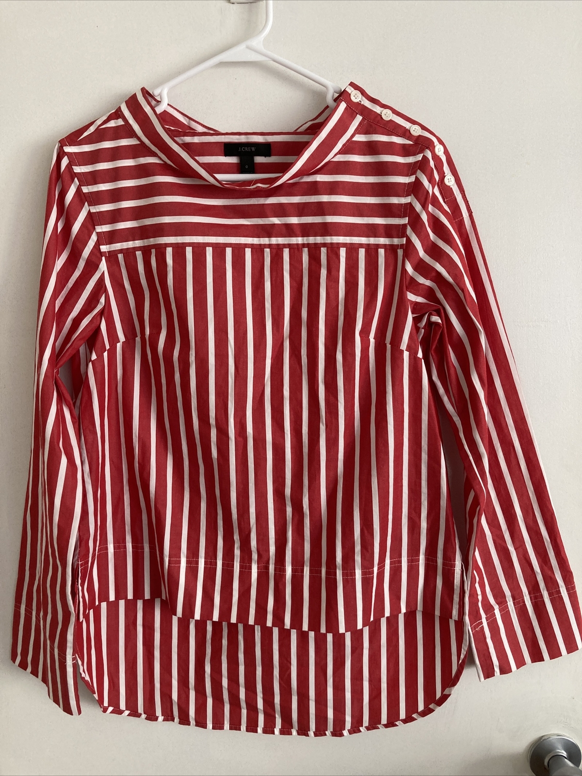 J Crew Women’s Shirt Red Size 0 Funnelneck Top Stripe Hi-Low #788