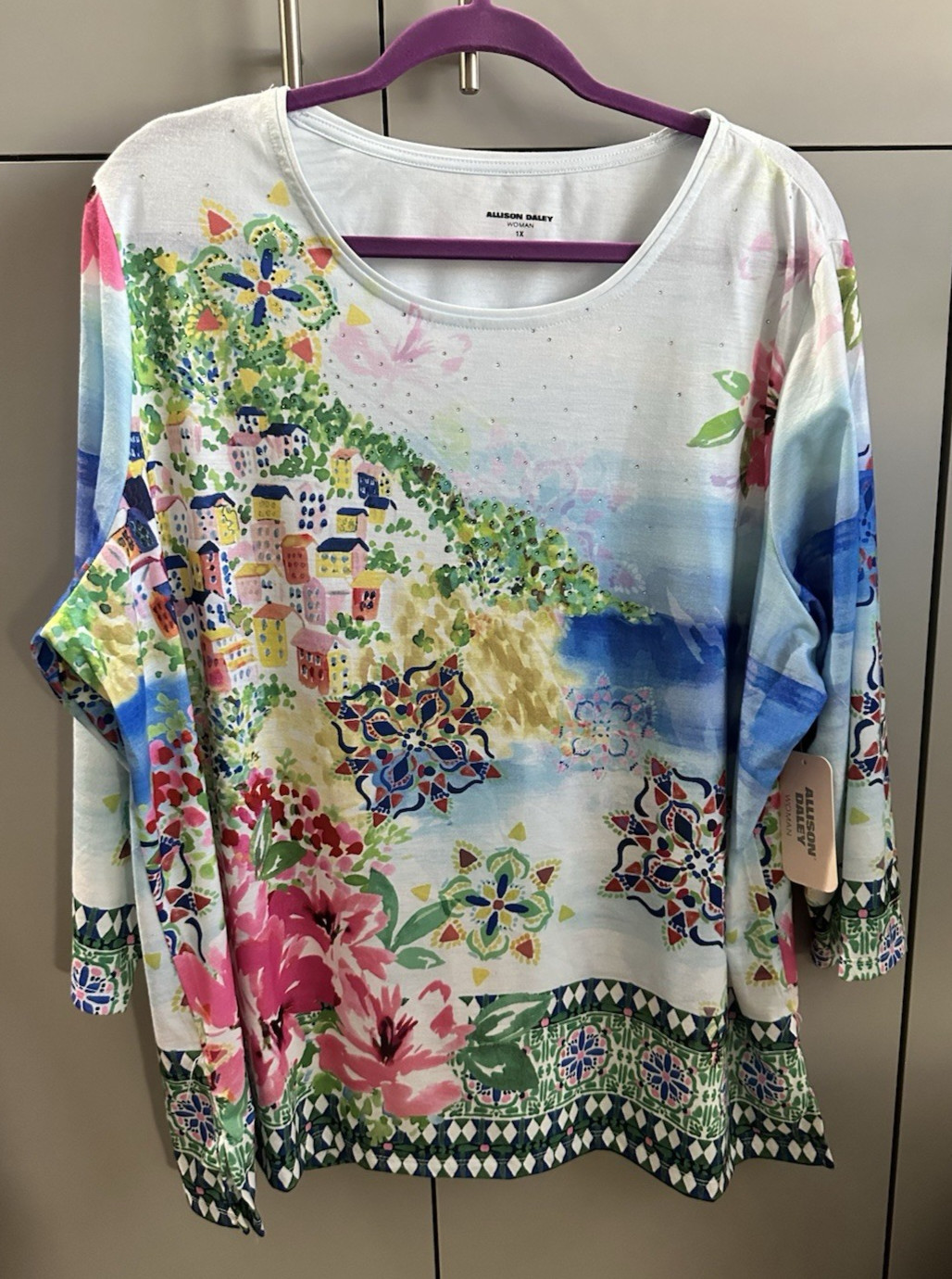 NWT Allison Daley Scenic 1X 2X 3/4 Slv top CAPRI floral multicolor 50X27