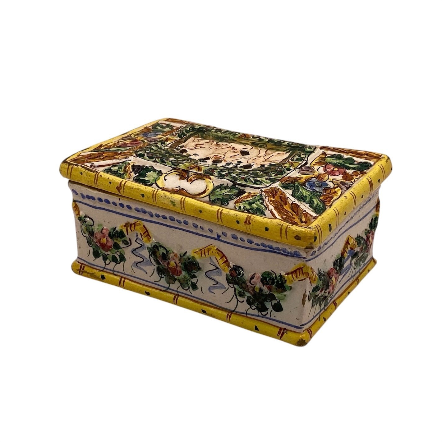 Vintage Italian Majolica Hand Painted Trinket Box Pottery Keepsake Jewelry Case Vintage Italian Majolica Hand Painted Trinket Box Pottery Keepsake Jewelry Case