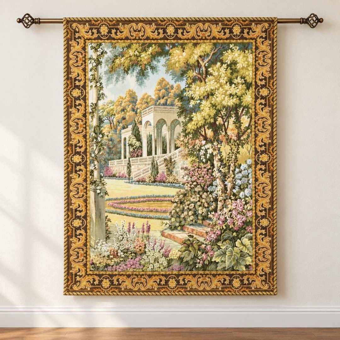 Vintage European Villa Garden Woven Tapestry Wall Hanging with Brass Rod 50\