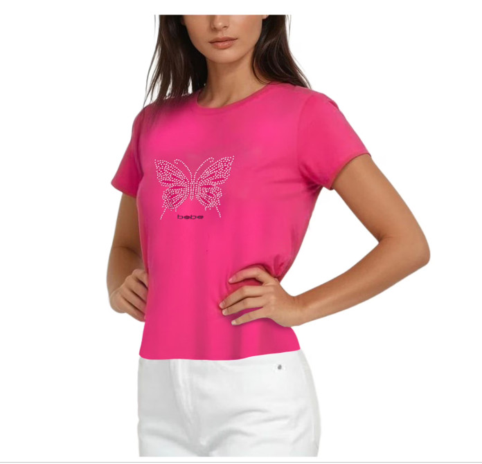 New $39.00 BEBE Women\'s Dazzling Rhinestone Logo Short Sleeve T-Shirt - Size: S New $39.00 BEBE Women\'s Dazzling Rhinestone Logo Short Sleeve T-Shirt - Size: S