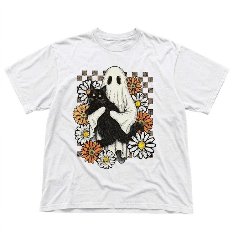 Retro 90s Halloween Ghost Hold Black Cat Shirt, Spooky Floral Tee, Women Gift