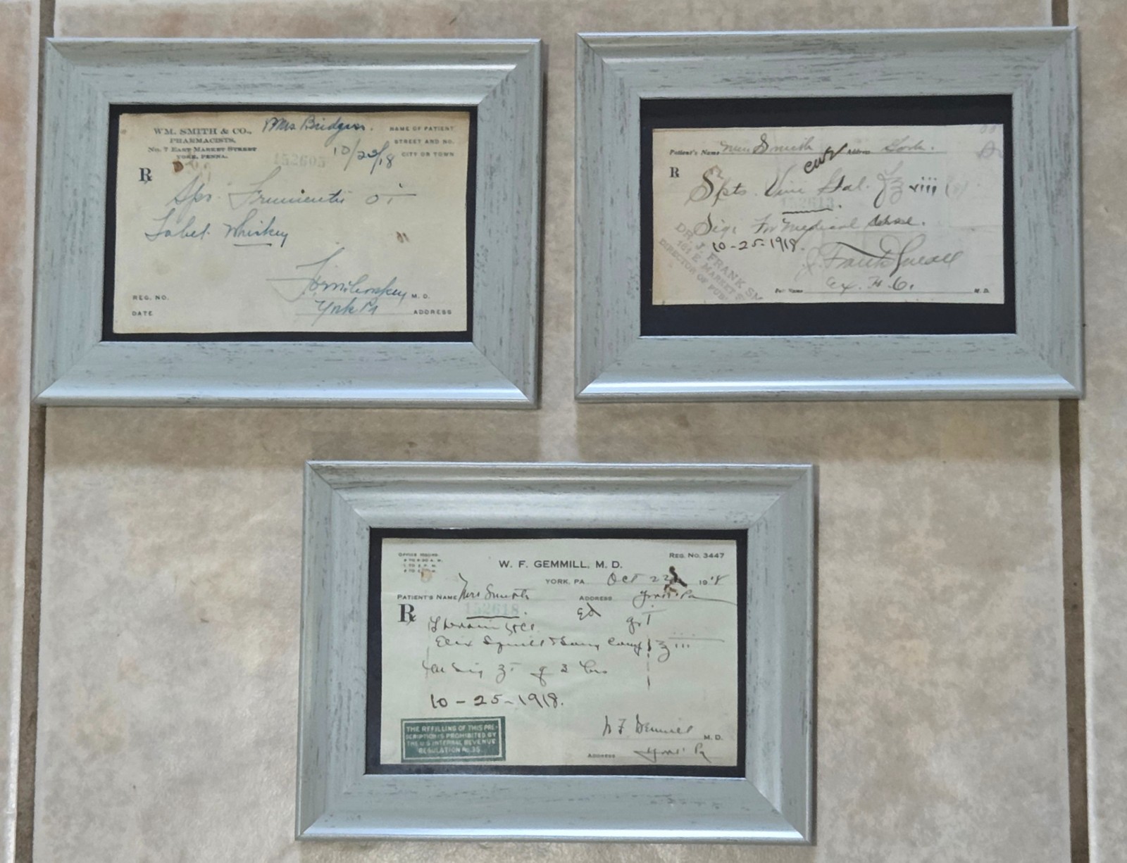Three Framed 1918 Antique Prescriptions: HEROIN, WHISKEY & BRANDY