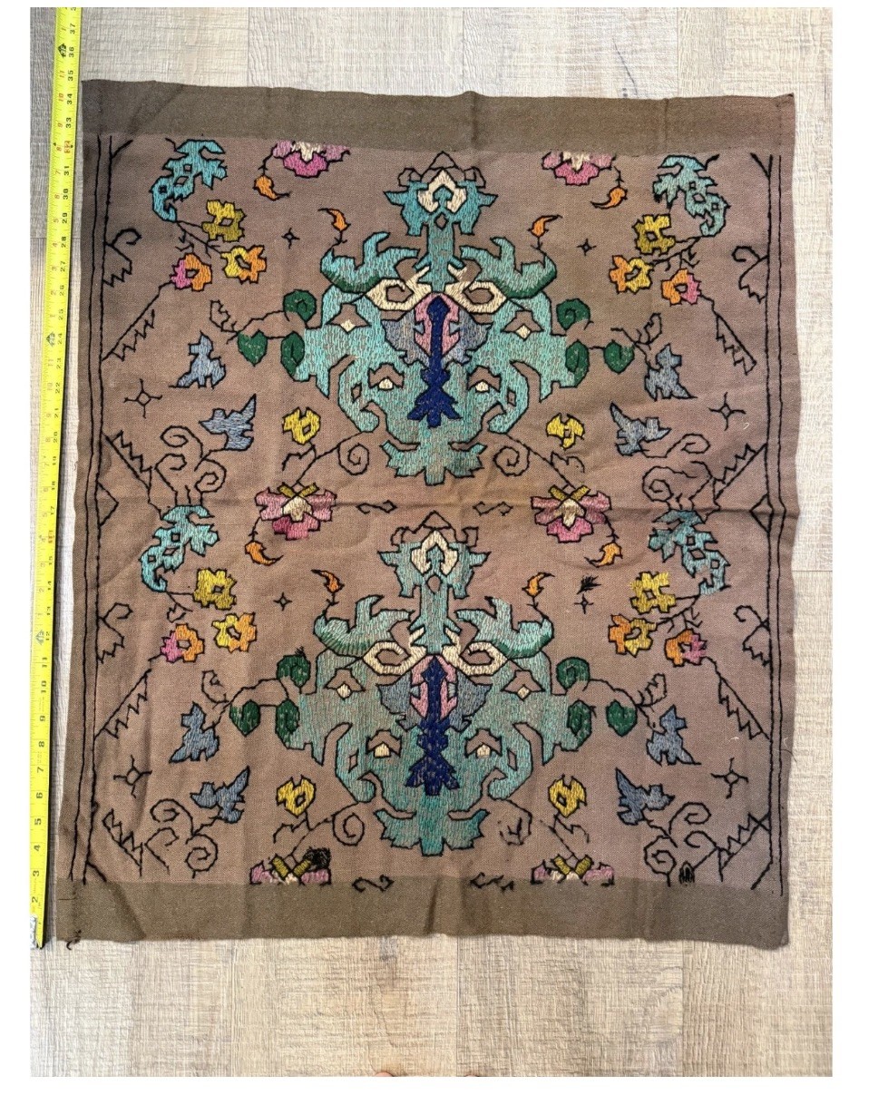 Vintage Hand Embroidered Tapestry Brown Teal Boho Wall Hanging 36x32in Vintage Hand Embroidered Tapestry Brown Teal Boho Wall Hanging 36x32in