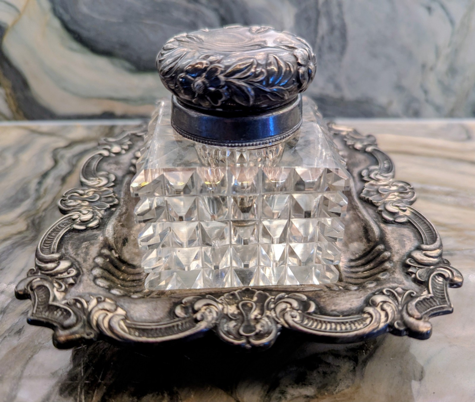 Cox Silver Plate Cut Glass Inkwell Ornate Floral Footed w/ stand Antique 1915