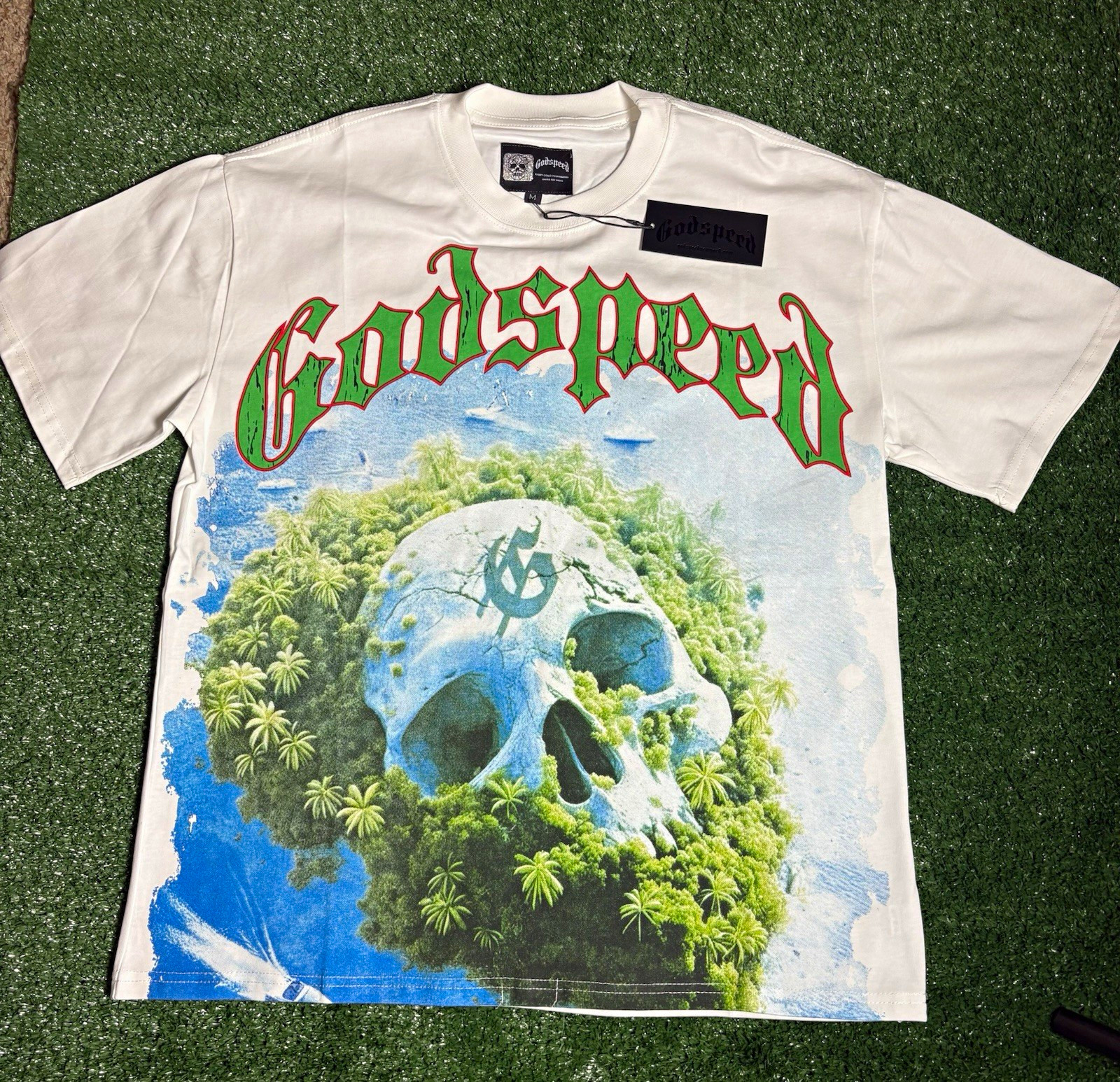 Godspeed Men\'s White Skull Graphic Print Crew Neck Short Sleeve T-Shirt M Godspeed Men\'s White Skull Graphic Print Crew Neck Short Sleeve T-Shirt M