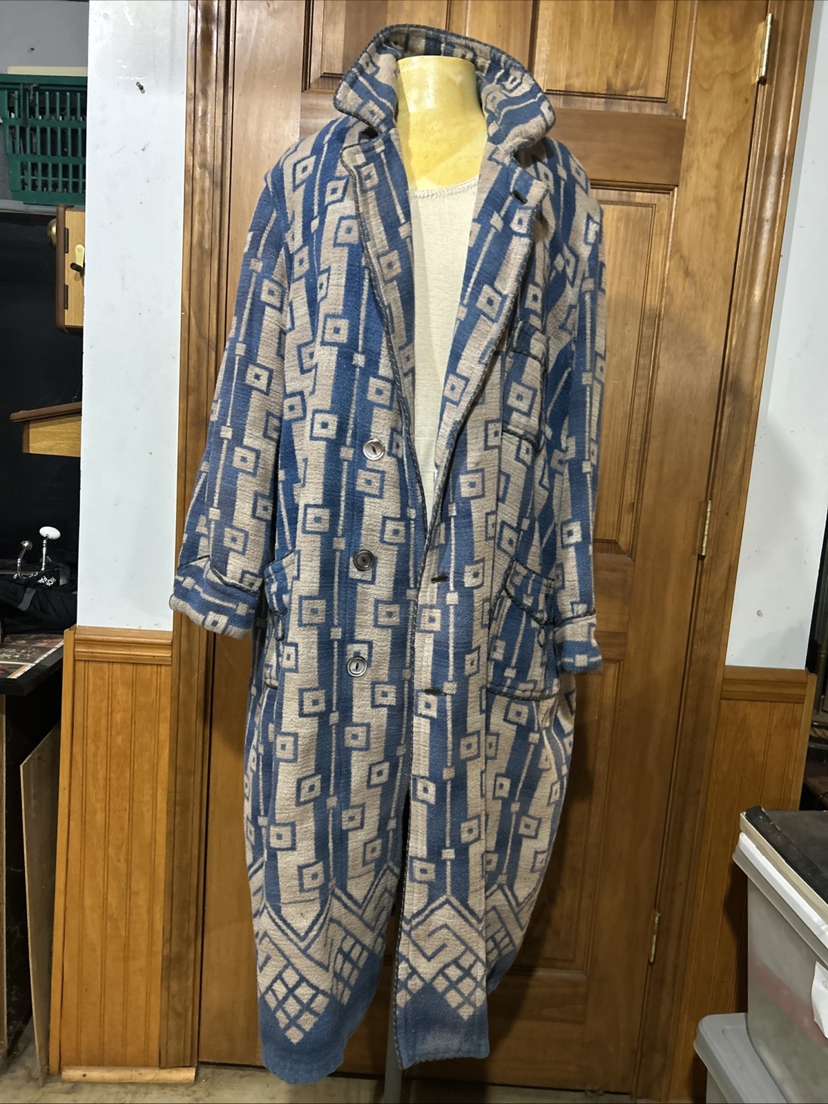 Vtg 30s 40s Beacon Ombré Blanket Robe House Coat Indigo Geometric L-XL Vtg 30s 40s Beacon Ombré Blanket Robe House Coat Indigo Geometric L-XL