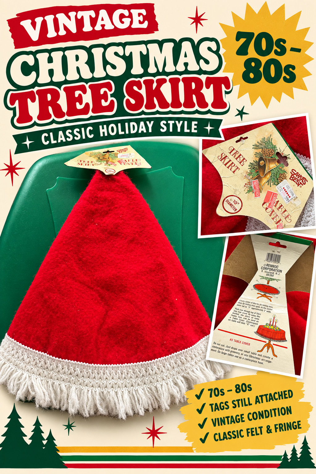 Vintage 70s–80s Christmas Tree Skirt 🎄 Red Felt + White Fringe | Original Tags