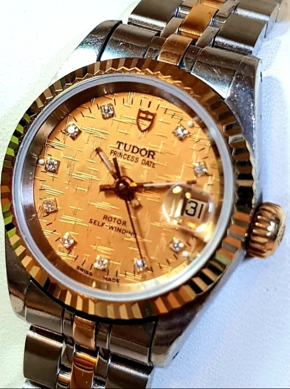 Tudor Princess Date 25mm – Two-Tone Gold Diamond Linen Dial (92413)